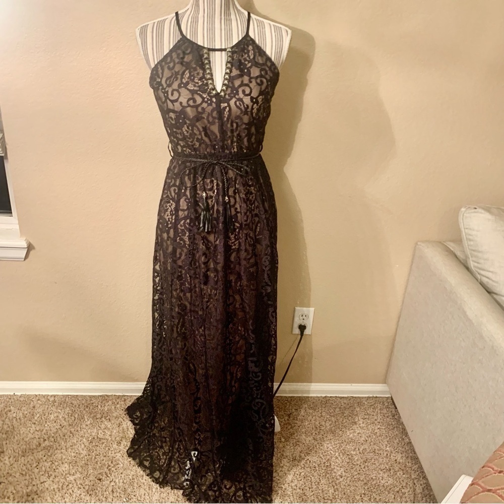 The Clothing Company Lace Gown Small Metallic Embellishments Braided Belt Boho